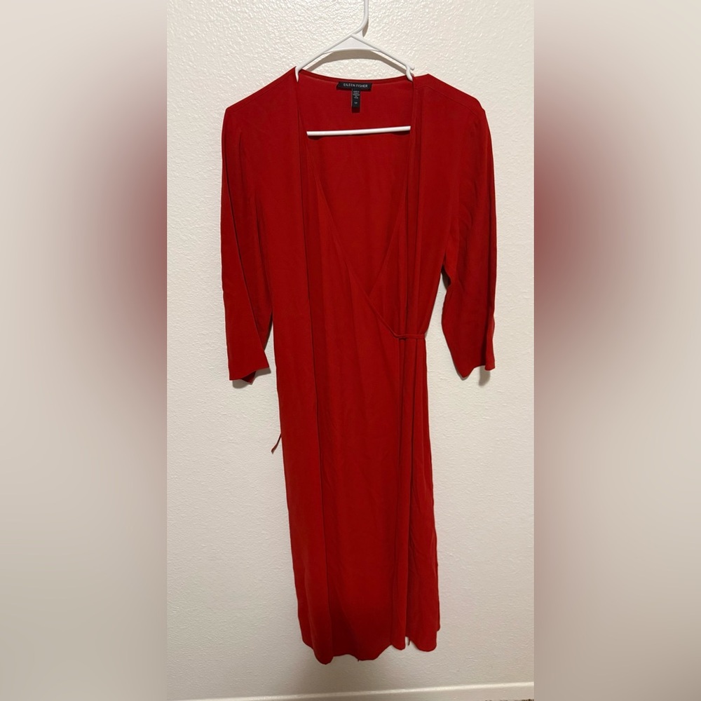 Eileen Fisher Women's Red 100% Silk Wrap Dress Size Small 3/4 Sleeves